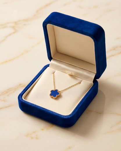Très Clove cobalt necklace in blue velvet gift box on marble, Stacked by Jayneebell
