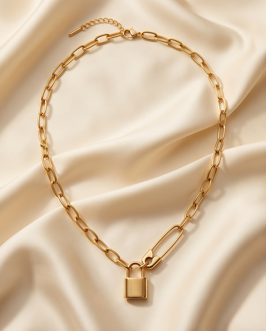 Locked In chunky gold PVD paperclip chain padlock necklace on cream fabric, Stacked by Jayneebell