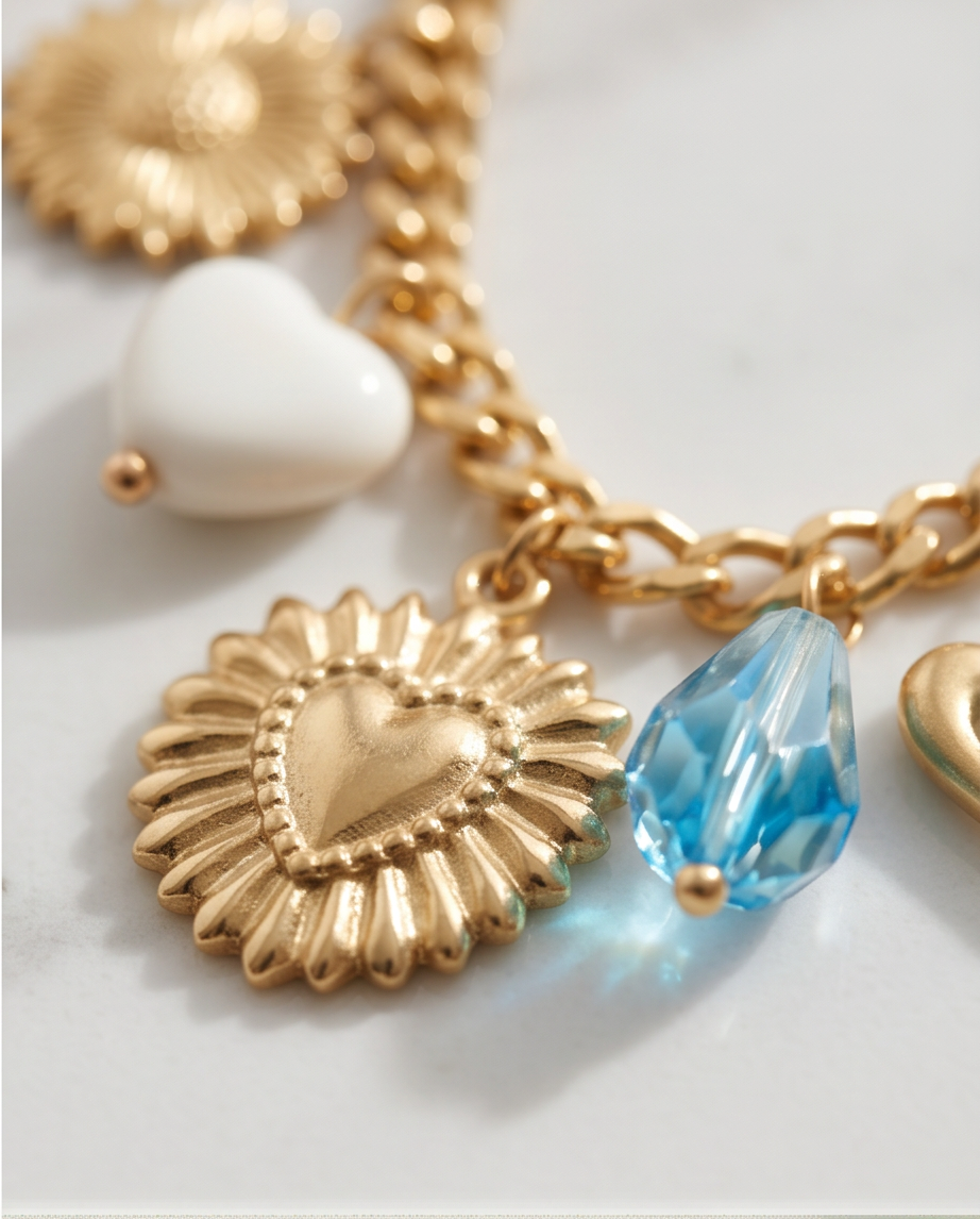 Close-up detail of Endless Summer gold PVD mixed charm necklace with sacred heart, blue crystal and white heart charms, Stacked by Jayneebell
