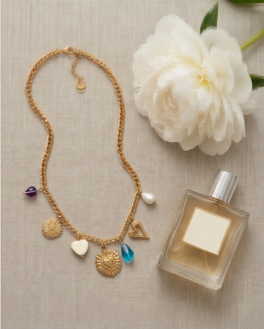 Endless Summer gold curb chain mixed charm necklace flat lay with white peony flower, Stacked by Jayneebell