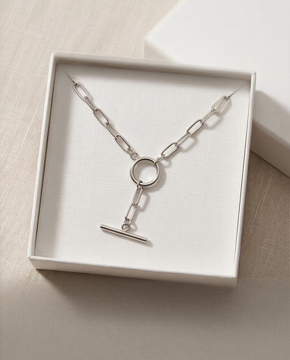 Bar None silver PVD T-bar necklace in white gift box, Stacked by Jayneebell
