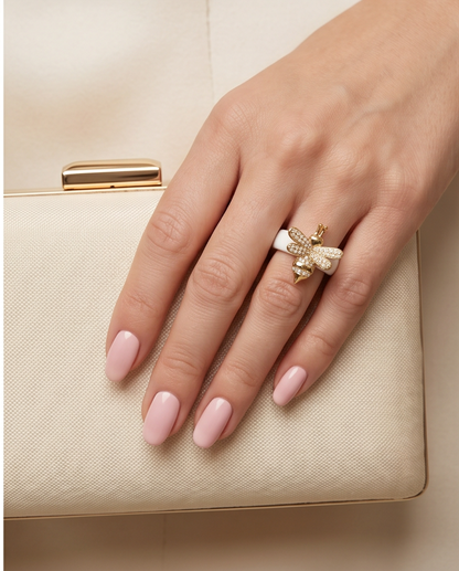 odel wearing The Queen Bee Ring white ceramic size 8 with clutch, Stacked by Jayneebell

