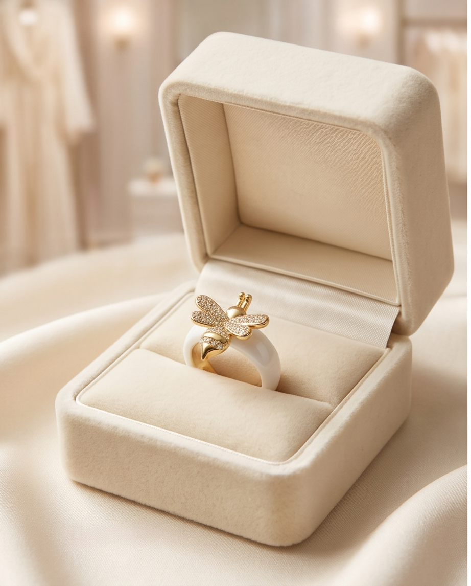 The Queen Bee Ring white ceramic in cream velvet gift box, Stacked by Jayneebell