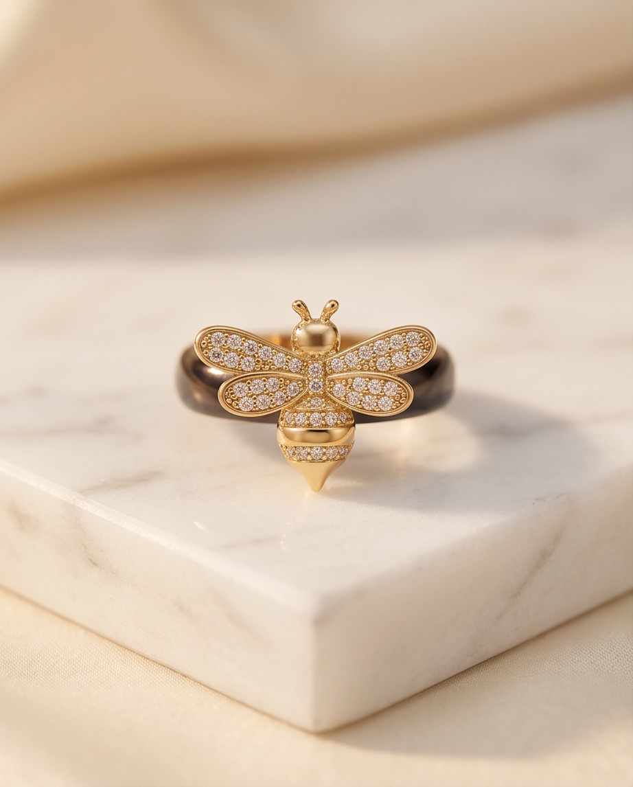 he Queen Bee Ring black ceramic size 6 with gold pavé CZ bee on marble, Stacked by Jayneebell
