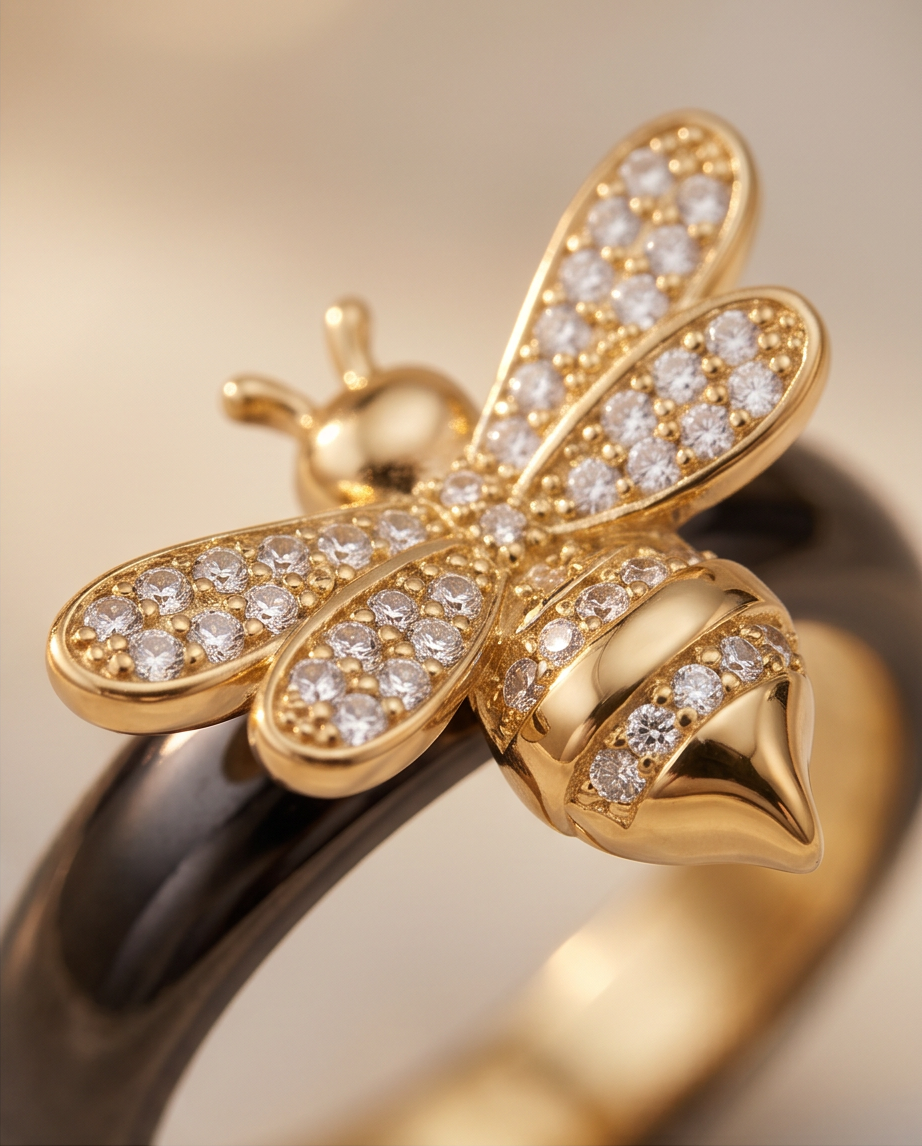 Close-up detail of The Queen Bee Ring gold PVD pavé CZ bee on black ceramic size 6 band, Stacked by Jayneebell