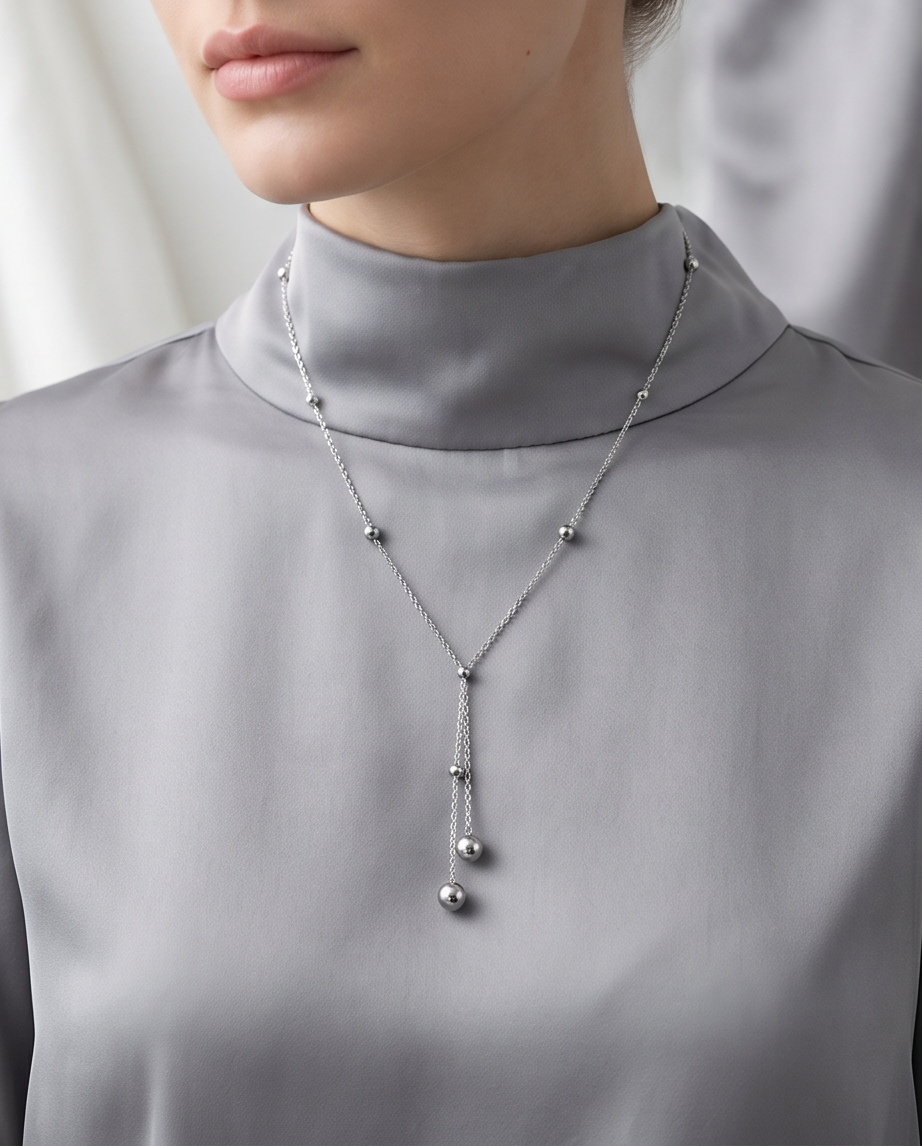Model wearing Silver Lining silver lariat necklace with grey silk turtleneck, Stacked by Jayneebell