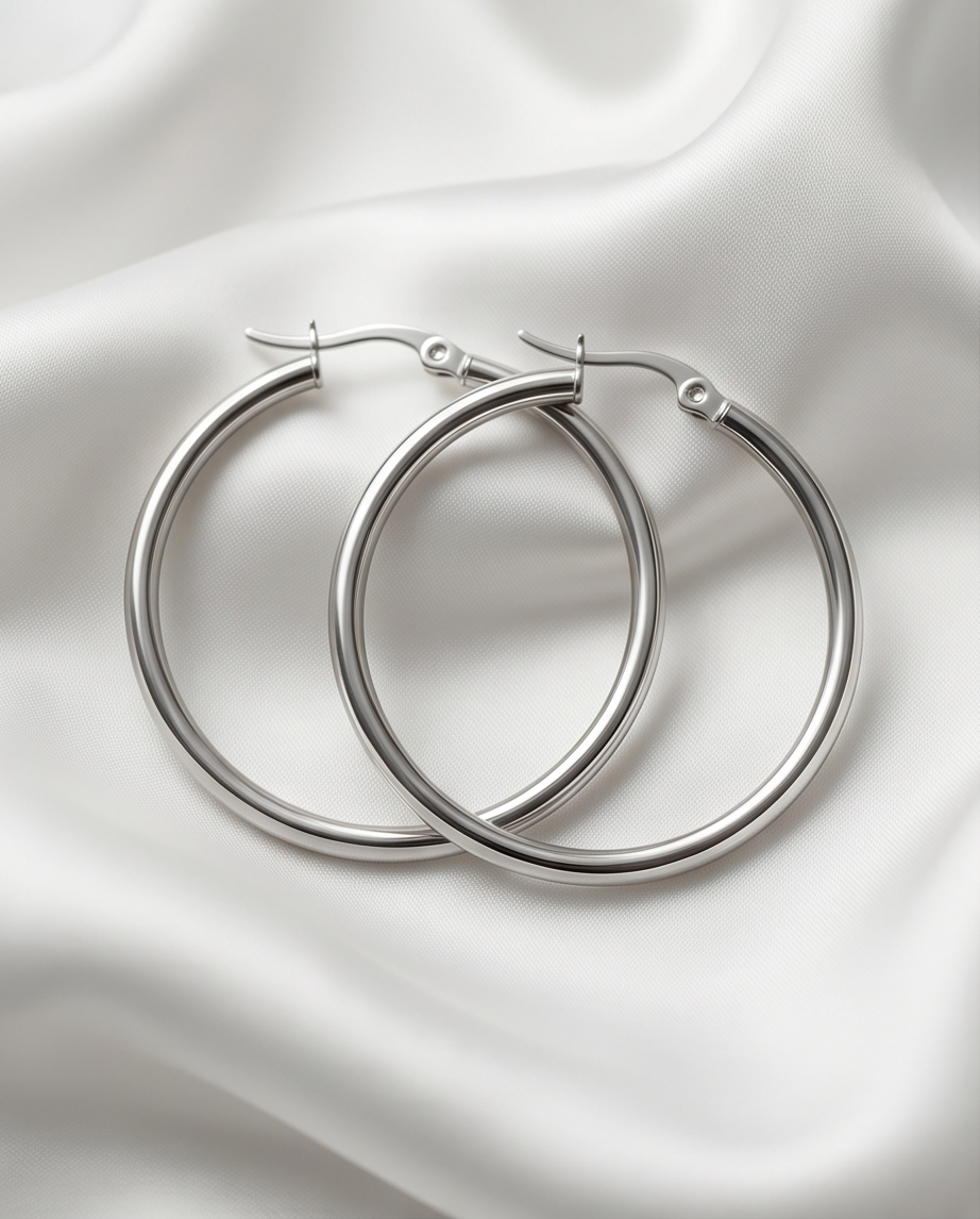 The Silver Standard chunky silver PVD tube hoop earrings on white satin fabric, Stacked by Jayneebell
