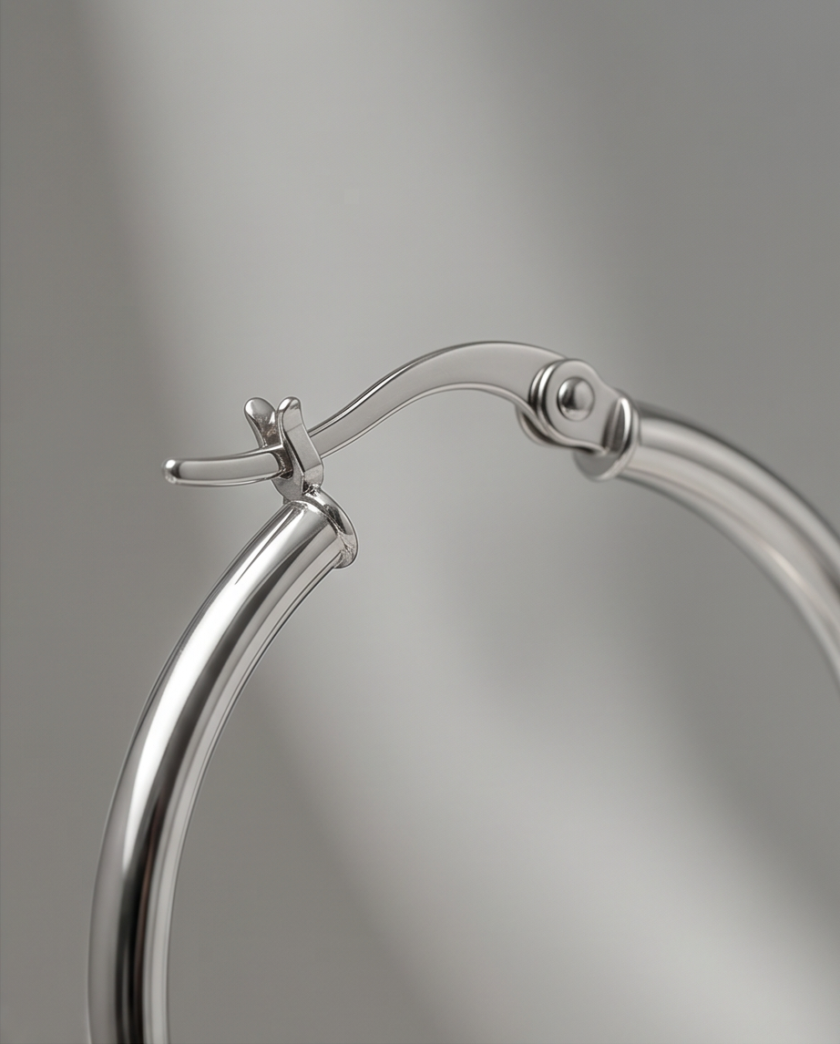 Close-up detail of The Silver Standard silver PVD tube hoop latch back closure, Stacked by Jayneebell