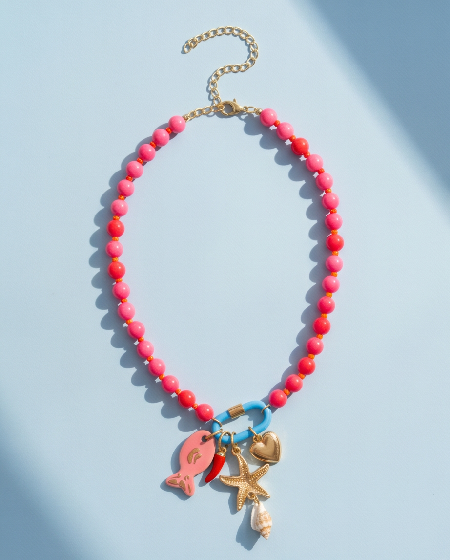 The Catch coral colorway pink beaded charm necklace with blue carabiner on blue background, Stacked by Jayneebell