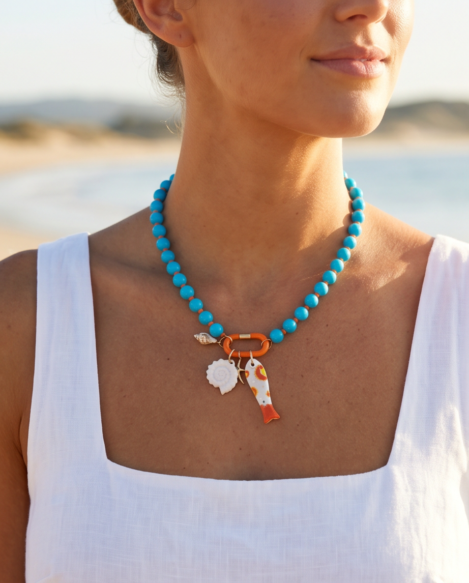 Model wearing The Catch tide blue beaded charm necklace at the beach, Stacked by Jayneebell
