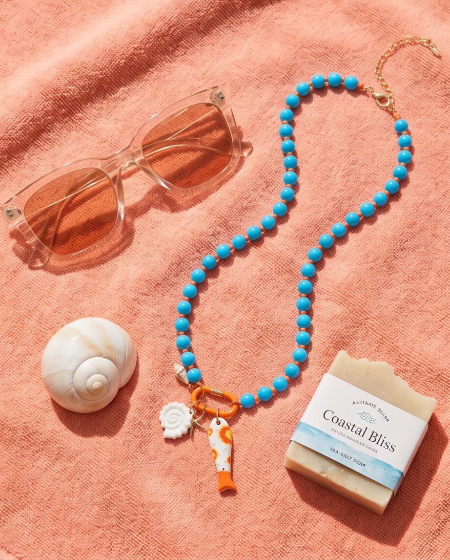 The Catch tide necklace flat lay on coral beach towel, Stacked by Jayneebell
