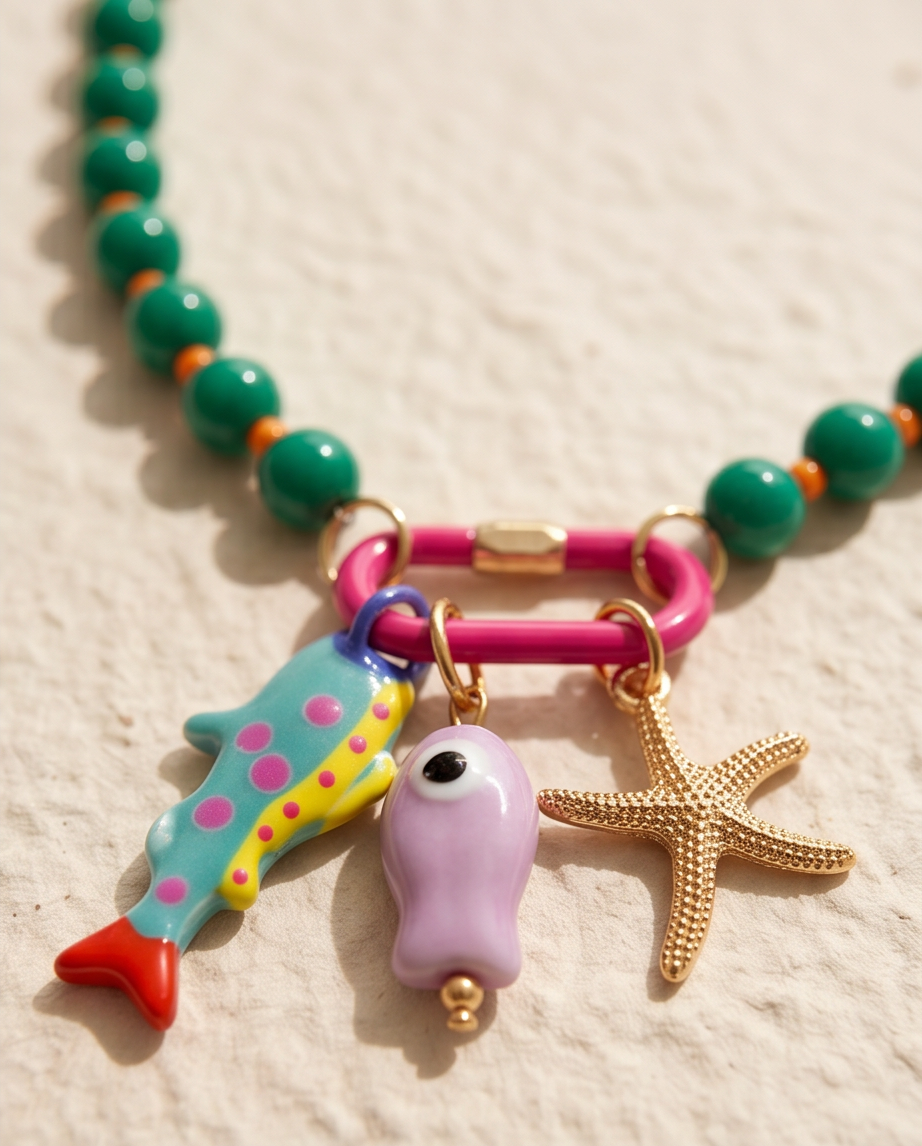 Close-up detail of The Catch mermaid charm cluster with painted fish, evil eye and starfish charms, Stacked by Jayneebell
