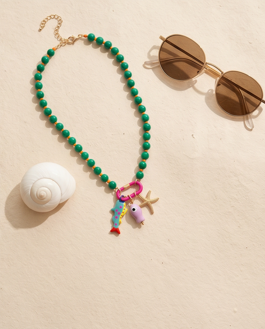 The Catch mermaid colorway green beaded charm necklace with pink carabiner on sand, Stacked by Jayneebell
