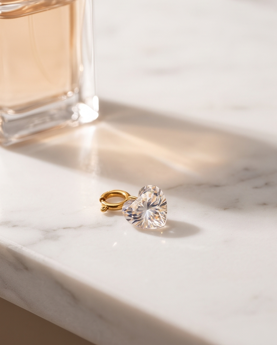 Smitten heart-cut charm displayed on marble vanity | Stacked by Jayneebell