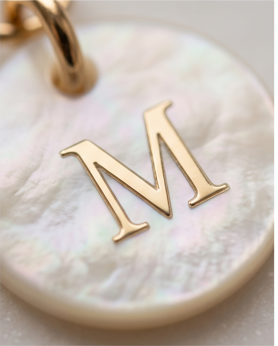 Close-up of hand-engraved mother of pearl initial disc pendant | Stacked by Jayneebell