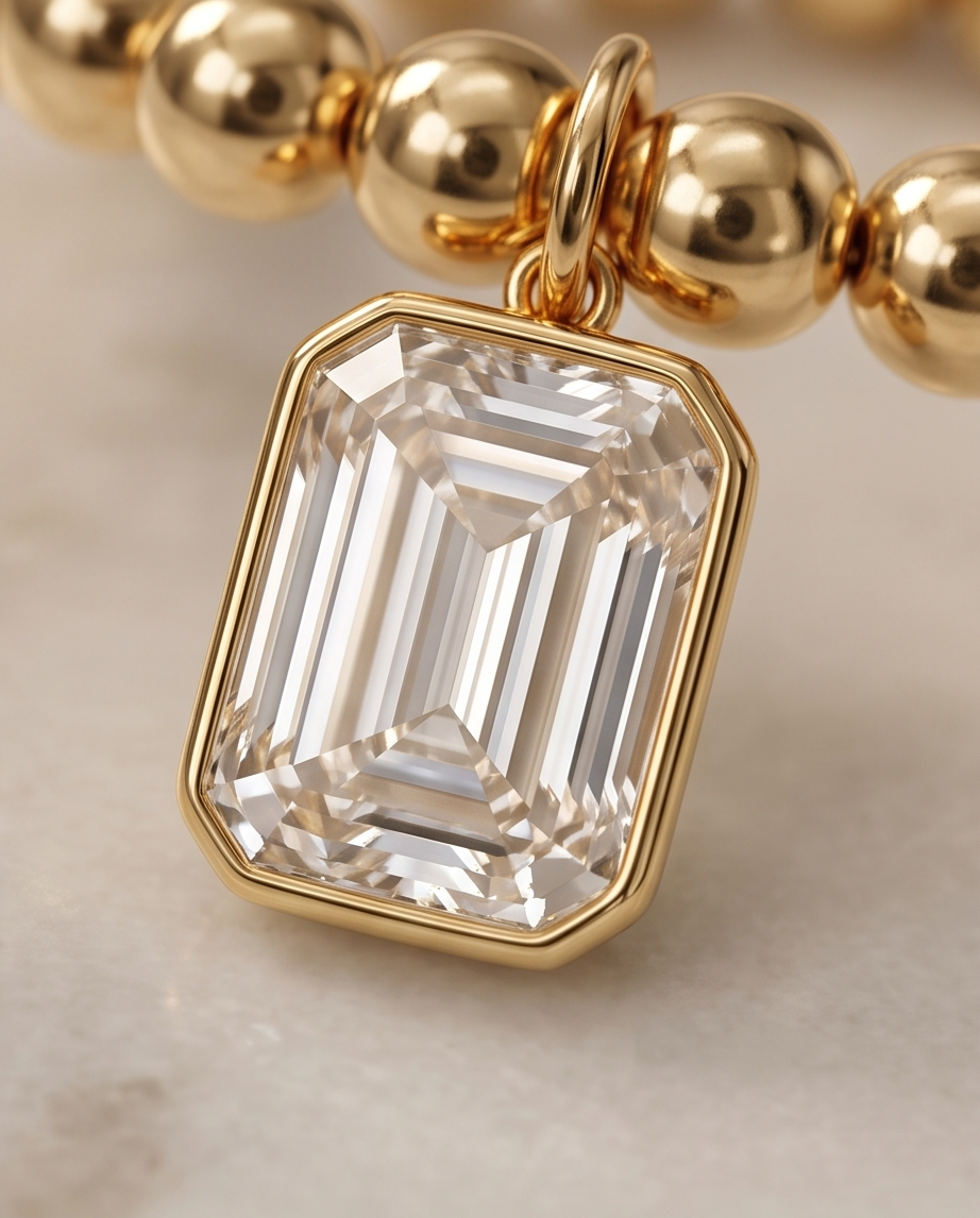 Close-up of The Heirloom stretch ring with moissanite charm on 14kt gold filled beads | Stacked by Jayneebell