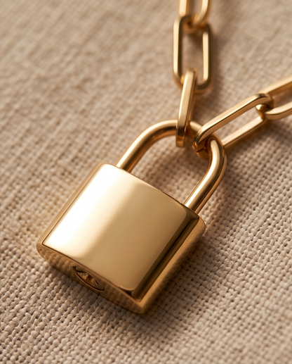 Close-up of heavy-duty 14k gold plated padlock pendant detail | Stacked by Jayneebell