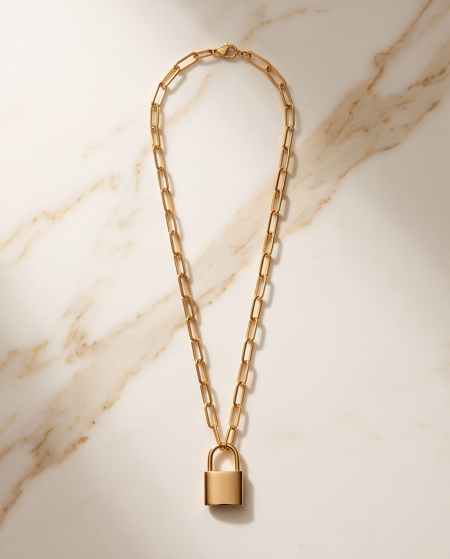 The Keeper padlock necklace on 14k gold filled paperclip chain, flat lay | Stacked by Jayneebell