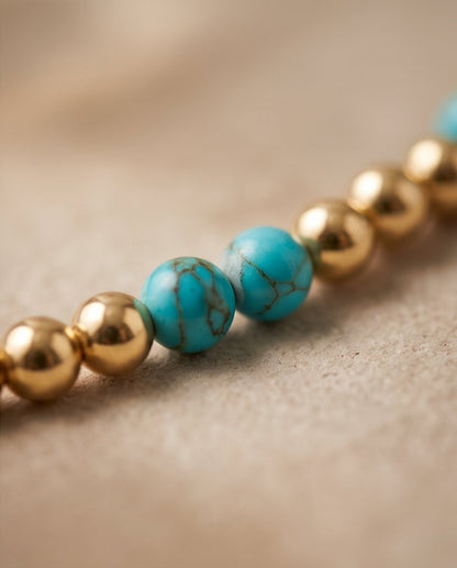 Close-up of The Sedona Necklace beads, genuine turquoise and 14k gold filled 4mm beads | Stacked by Jayneebell