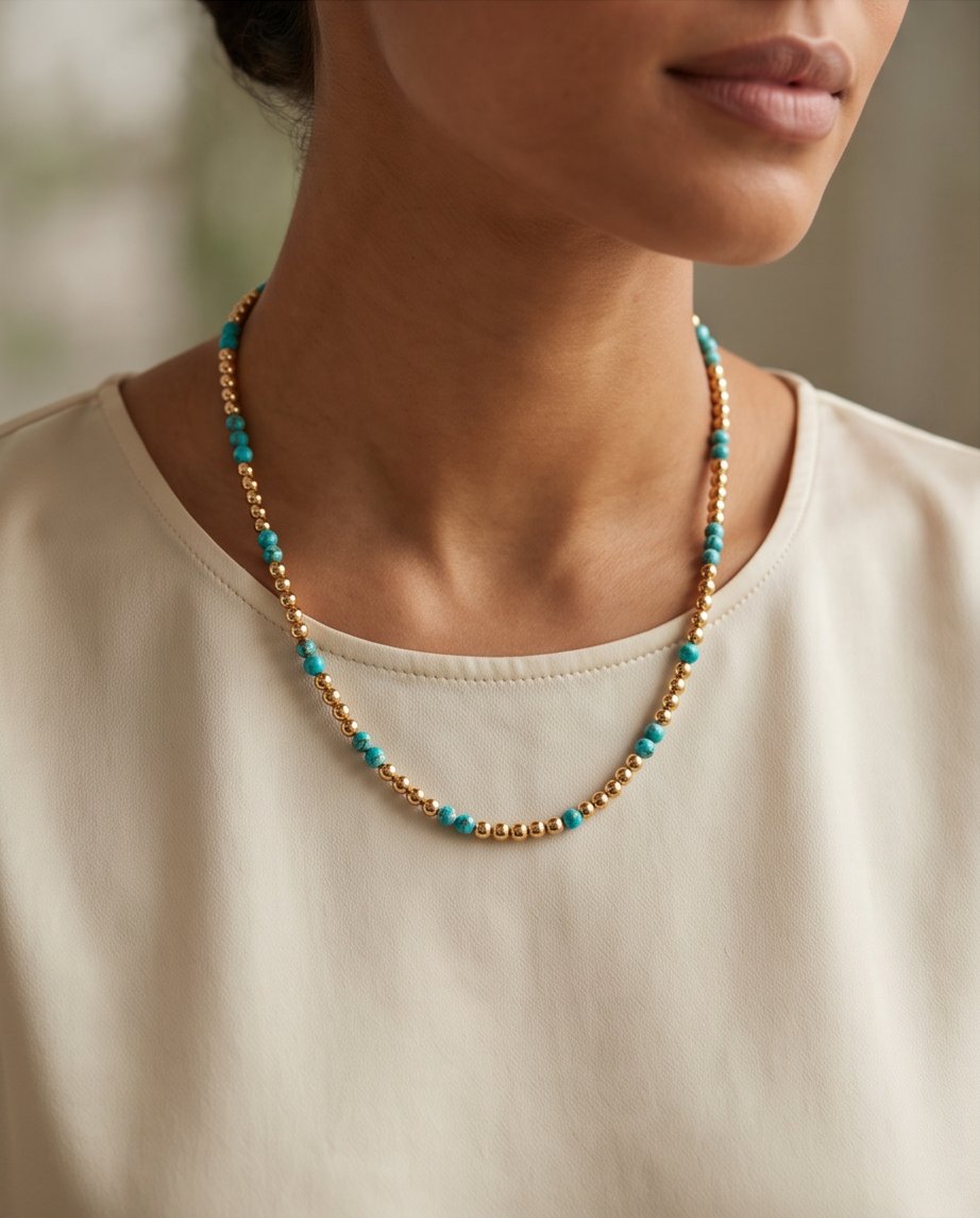 The Sedona Necklace worn at the collarbone, turquoise and 14k gold filled 4mm beaded stretch necklace | Stacked by Jayneebell
