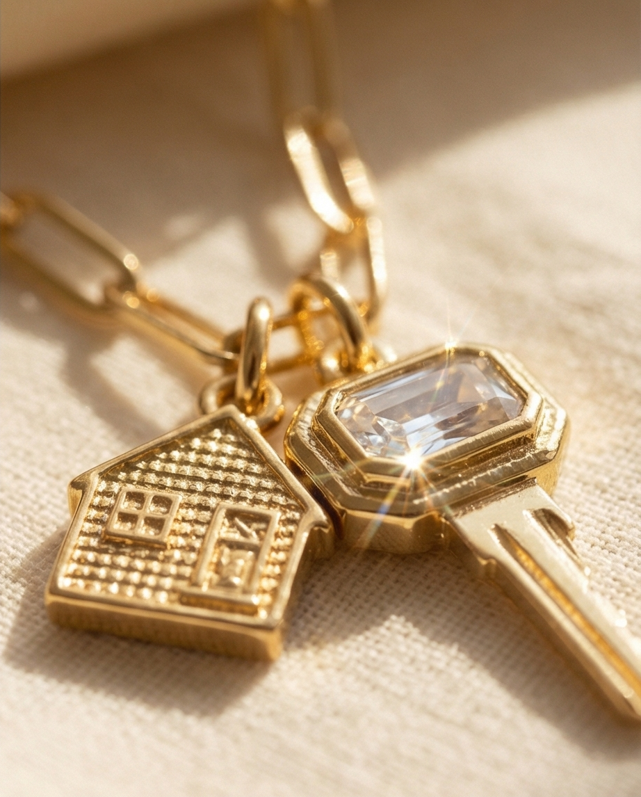 Gold keychain with house charm and diamond-like stone on a beige background