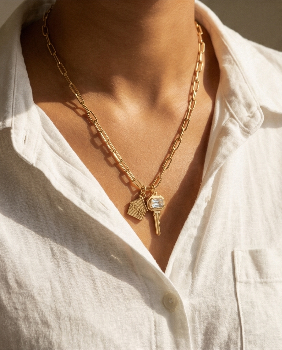 Gold chain necklace with key and lock charms worn by a person in a white shirt.