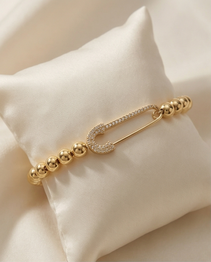 The Safety Net Bracelet | Pavé Safety Pin | 7mm Gold Filled Beaded Bracelet