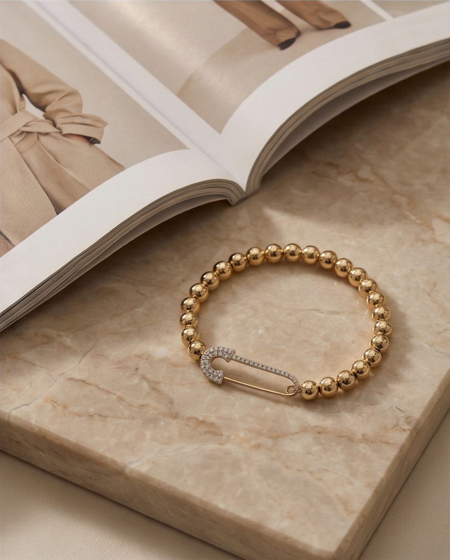 The Safety Net Bracelet | Pavé Safety Pin | 7mm Gold Filled Beaded Bracelet
