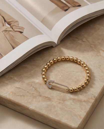 The Safety Net Bracelet | Pavé Safety Pin | 7mm Gold Filled Beaded Bracelet