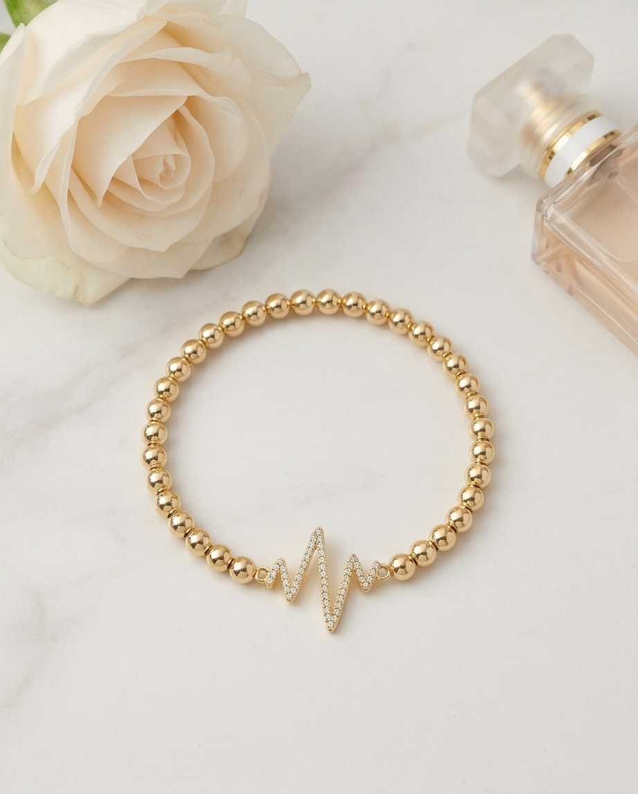 The Heartbeat Bracelet | Pavé Pulse Charm | 4mm Gold Filled Stretch Bracelet