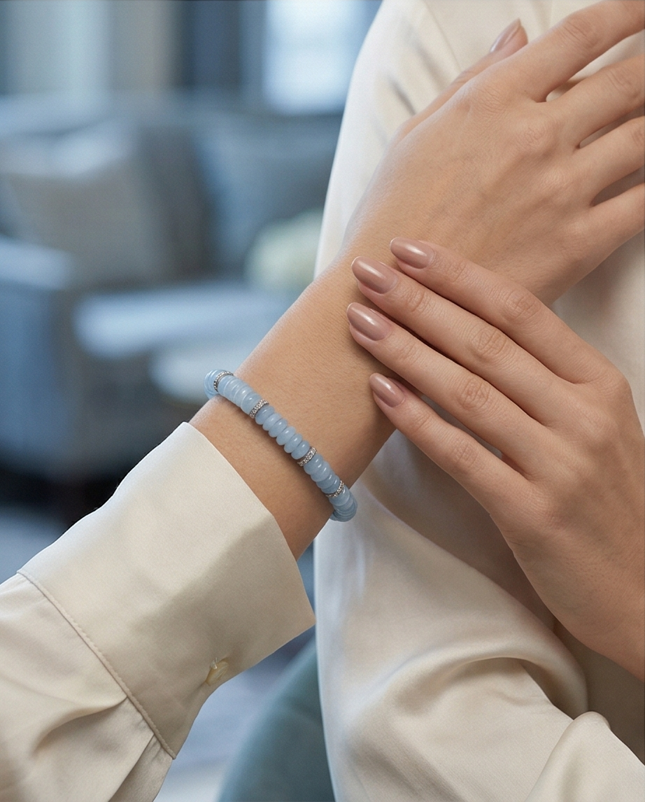 The Blue Haven Bracelet | Chalcedony + Diamond Accent Rondelle | Stretch Bracelet