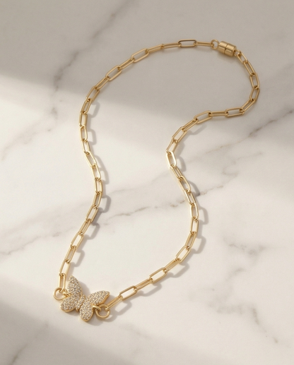 The Golden Flutter Choker | Paperclip Chain + Pavé Butterfly Necklace