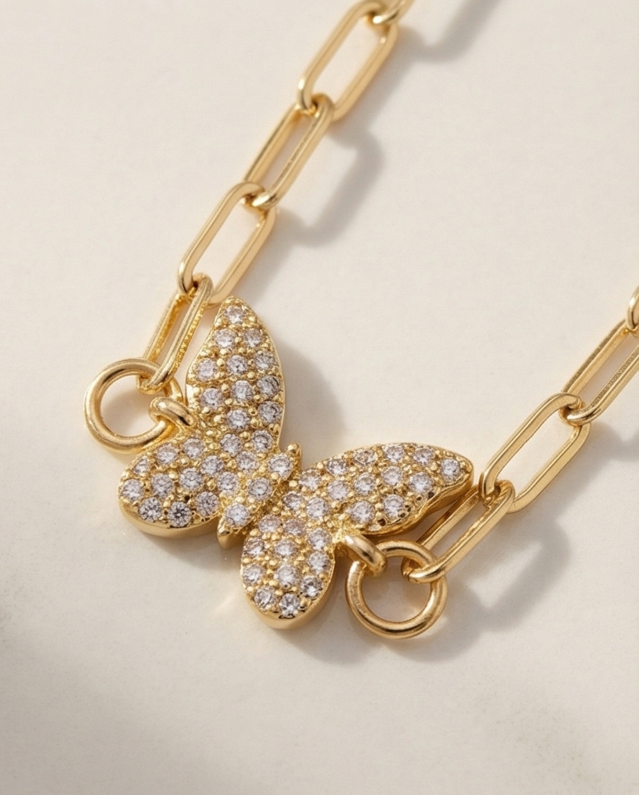 The Golden Flutter Choker | Paperclip Chain + Pavé Butterfly Necklace