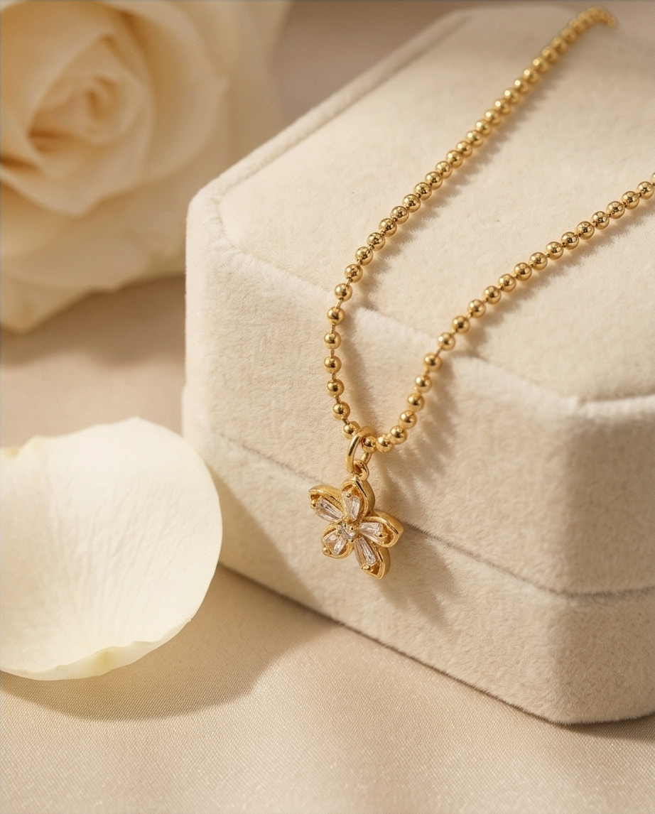 The Petal Necklace | 14k Gold Filled Beaded Chain with CZ Flower Pendant