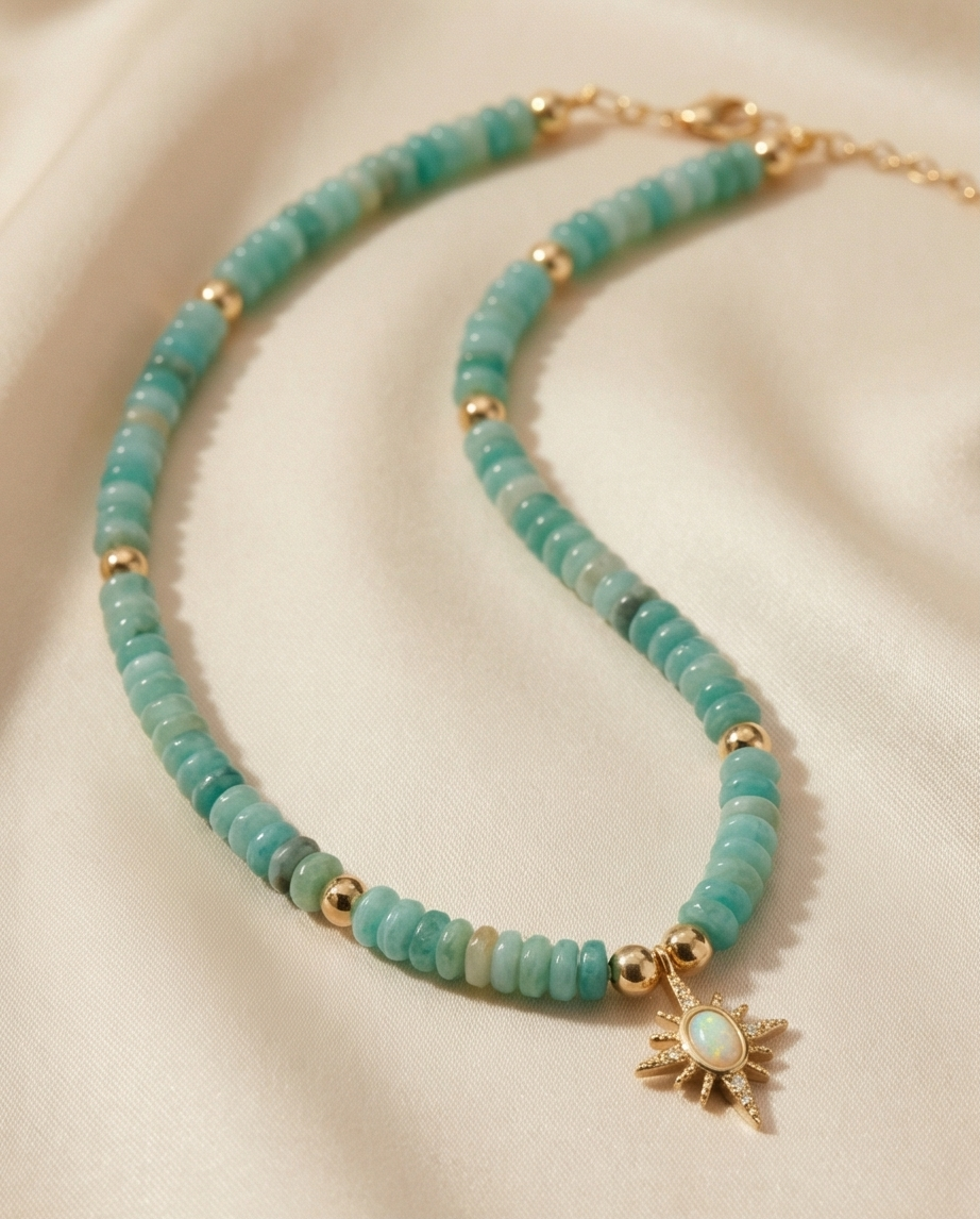 The Celestial Glow Necklace | Aventurine + 14k Gold Filled Opal Starburst