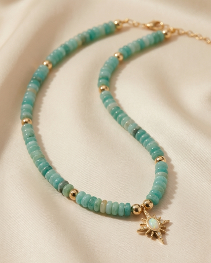 The Celestial Glow Necklace | Aventurine + 14k Gold Filled Opal Starburst