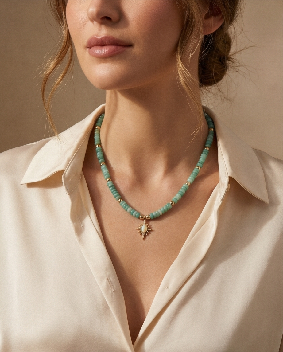 The Celestial Glow Necklace | Aventurine + 14k Gold Filled Opal Starburst