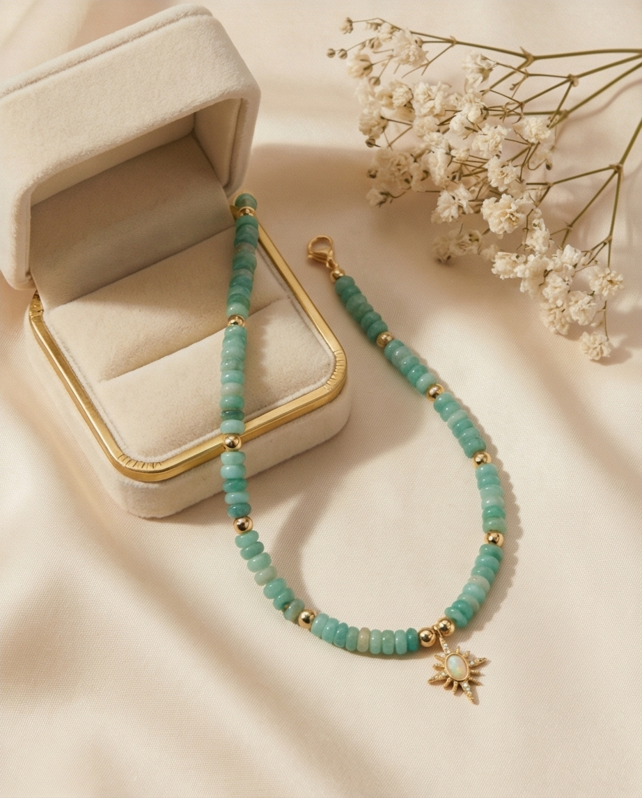 The Celestial Glow Necklace | Aventurine + 14k Gold Filled Opal Starburst