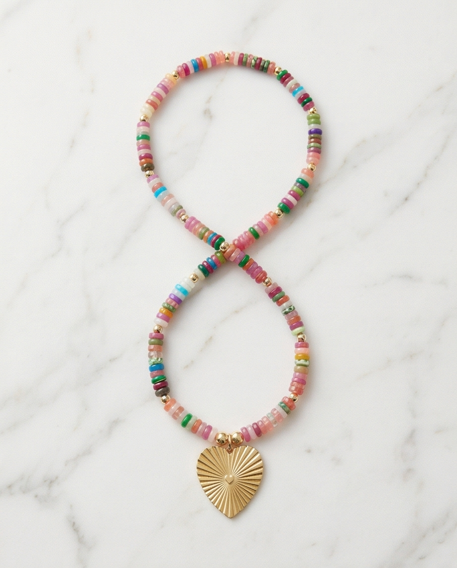 Heart Candy Necklace | 14k Gold Filled 4mm/5mm Beaded Necklace with Heart Pendant