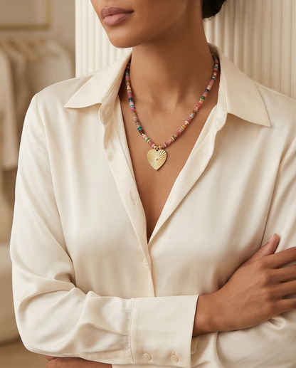 Heart Candy Necklace | 14k Gold Filled 4mm/5mm Beaded Necklace with Heart Pendant