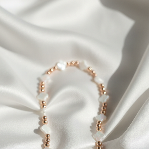 The Blush Flutter Necklace | Mother of Pearl + 6mm Rose Gold Beaded Necklace