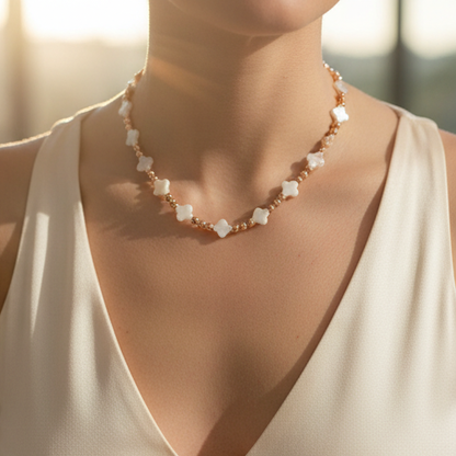 The Blush Flutter Necklace | Mother of Pearl + 6mm Rose Gold Beaded Necklace