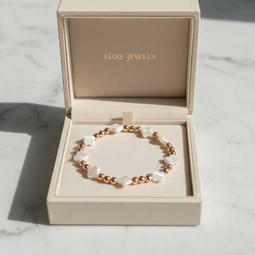 The Blush Flutter Bracelet | Mother of Pearl + Rose Gold Beaded Bracelet
