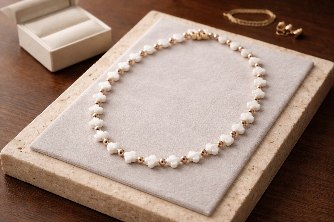 The Whisper Flutter Necklace | Mother of Pearl + Rose Gold Beaded Necklace