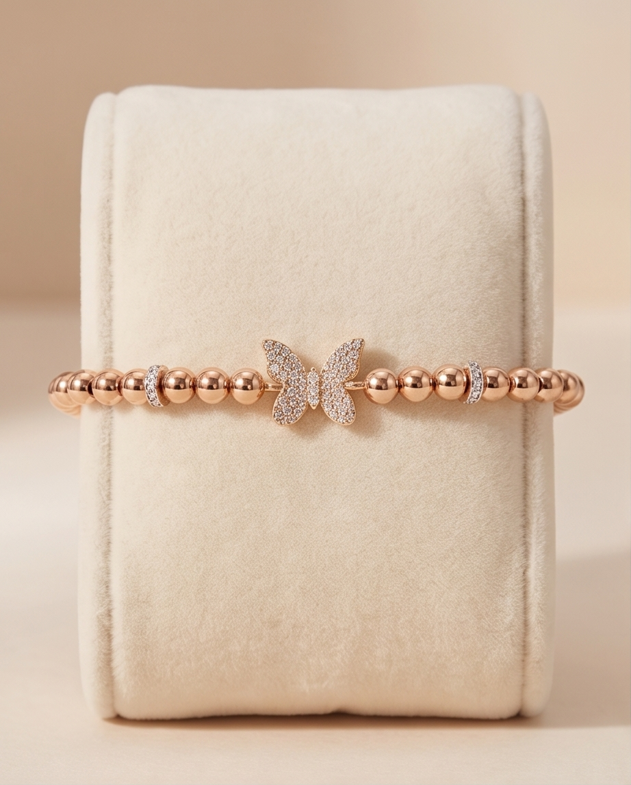 The Rose Golden Hour Flutterbye Bracelet | Rose Gold Beaded Stretch Bracelet with Pavé Butterfly