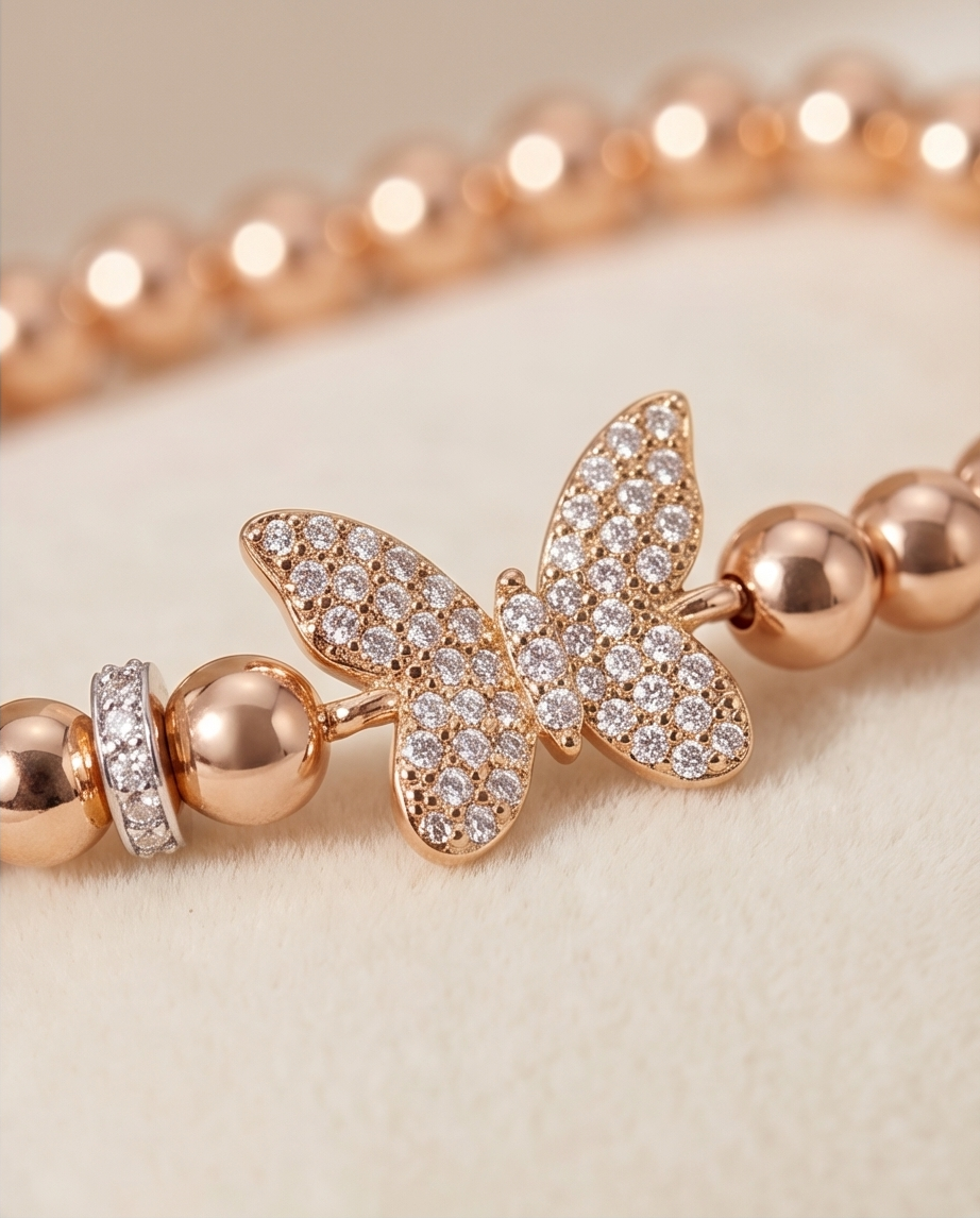 The Rose Golden Hour Flutterbye Bracelet | Rose Gold Beaded Stretch Bracelet with Pavé Butterfly