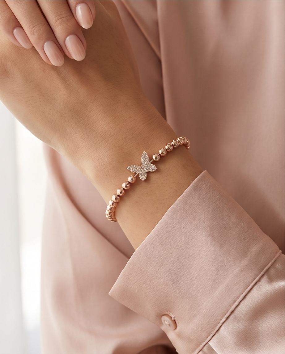 The Rose Golden Hour Flutterbye Bracelet | Rose Gold Beaded Stretch Bracelet with Pavé Butterfly