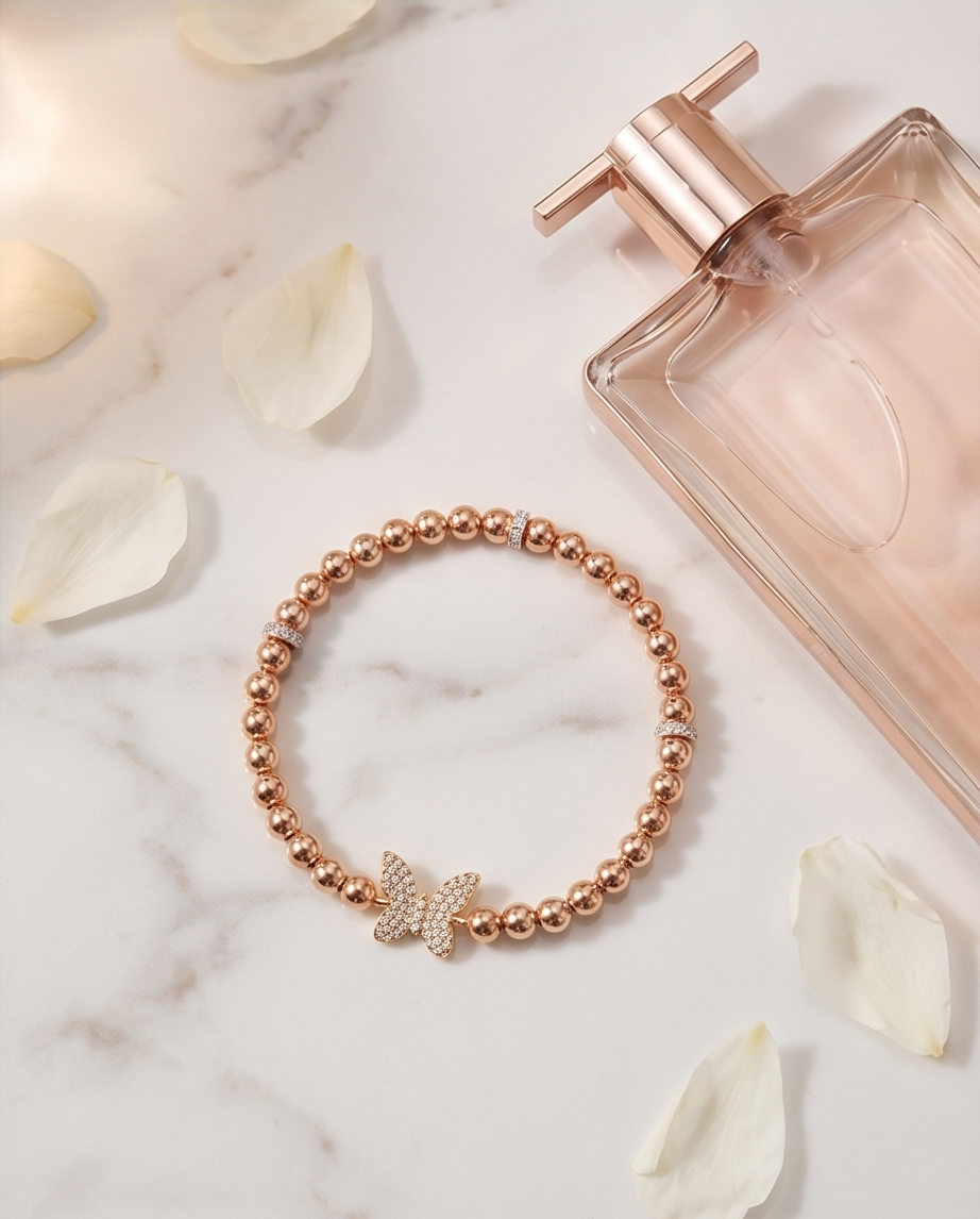 The Rose Golden Hour Flutterbye Bracelet | Rose Gold Beaded Stretch Bracelet with Pavé Butterfly