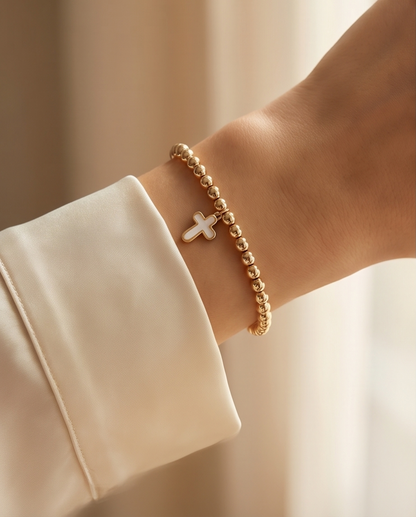 The Soft Faith Bracelet | Mother of Pearl Cross | 14k Gold Filled Beaded Stretch Bracelet