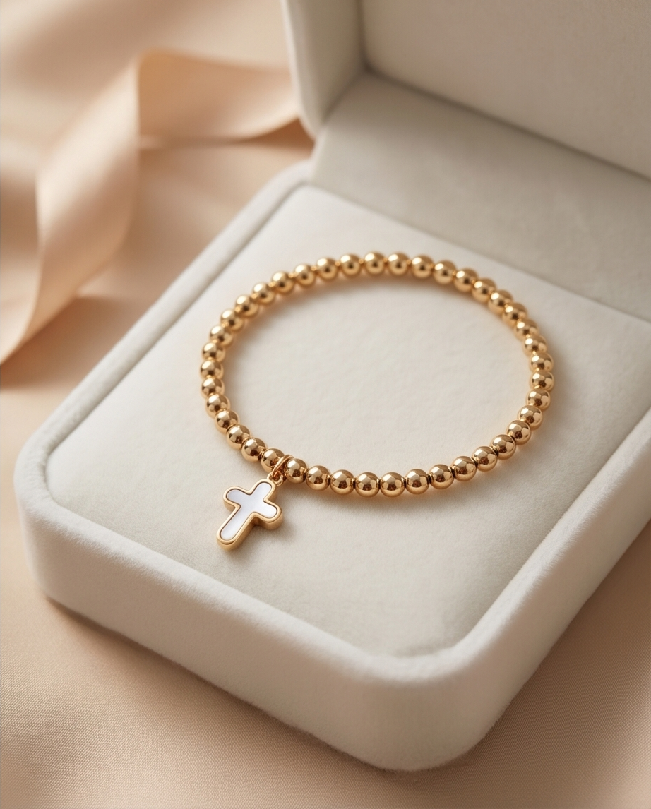 The Soft Faith Bracelet | Mother of Pearl Cross | 14k Gold Filled Beaded Stretch Bracelet